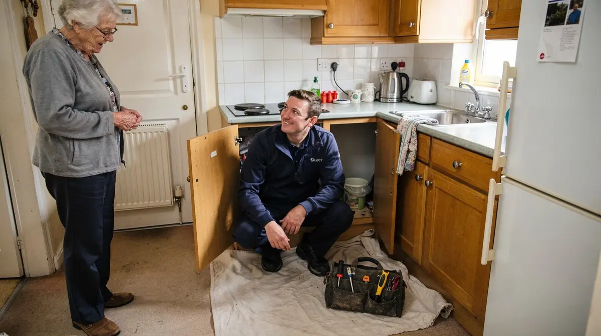 Engineer checking under the kitchen sink while chatting with an older resident