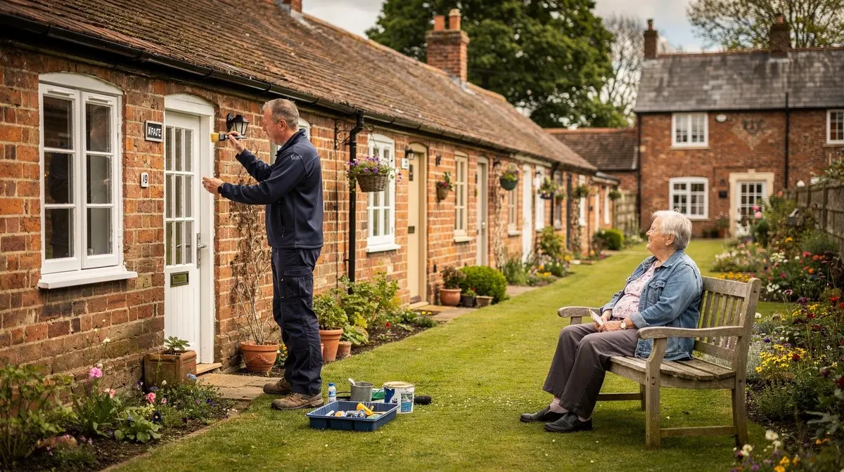 Decorator repainting a window frame at a row of brick almshouses while a resident chats nearby