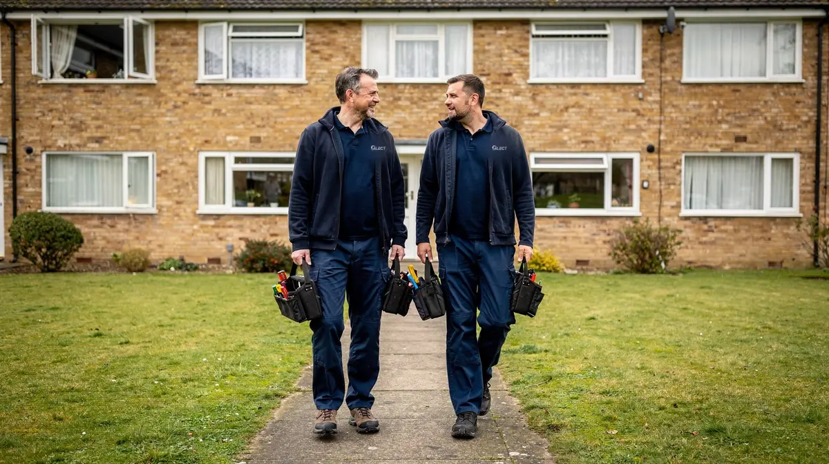 Two engineers with tool bags arriving at a block of flats
