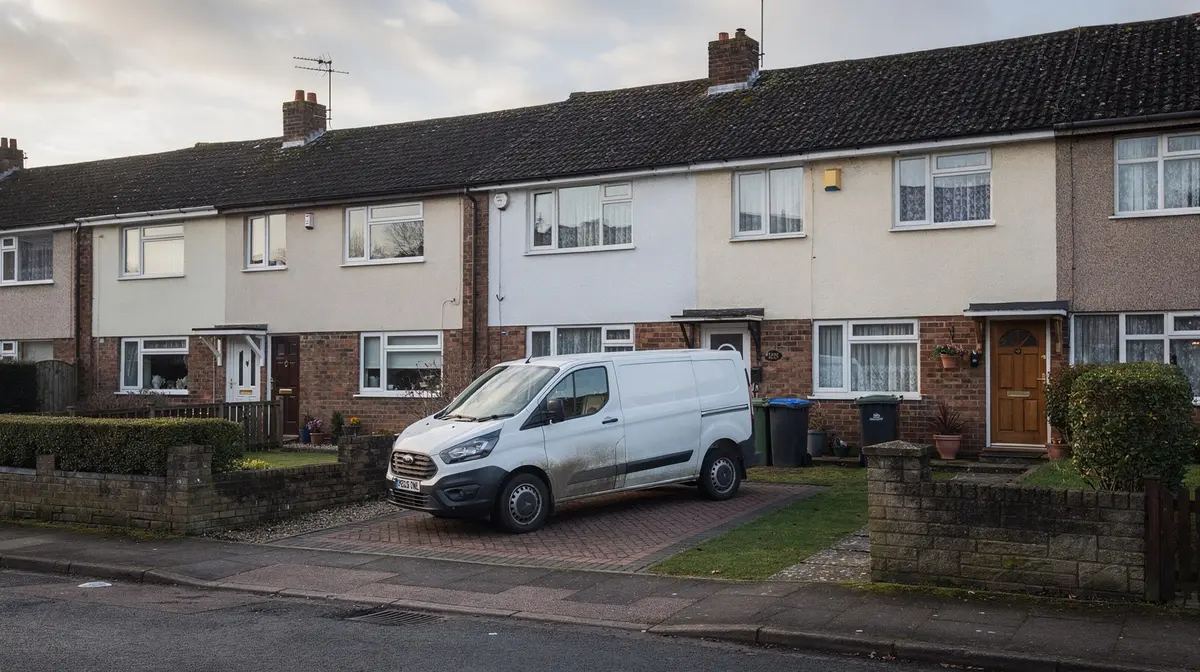 Quiet residential street of terraced homes with a van parked on a drive