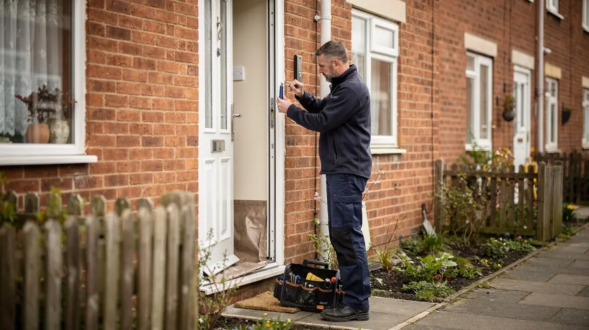 Engineer adjusting the lock keep on a front door frame