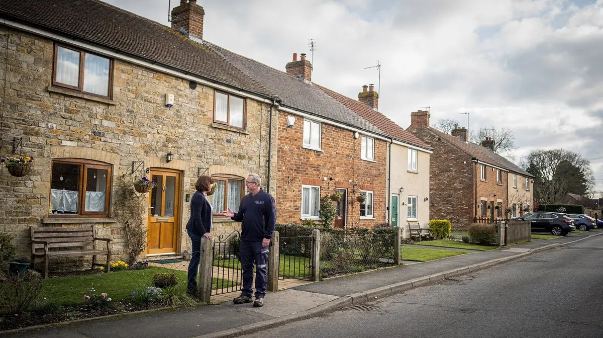 Tradesperson chatting with a resident outside stone cottages in a market town