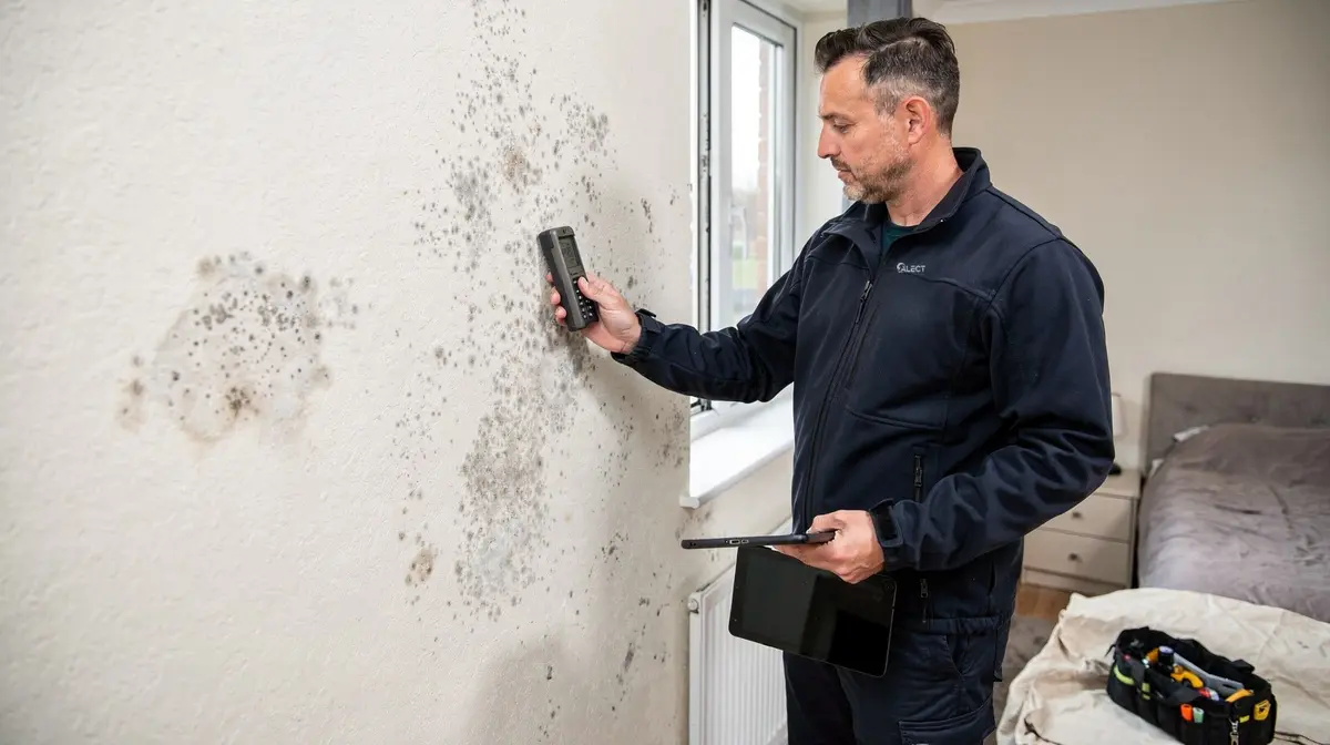 Damp surveyor taking a moisture reading on a bedroom wall with mould spotting