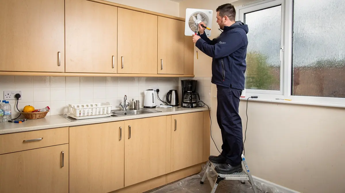 Tradesperson on a stepladder fitting an extractor fan in a kitchen