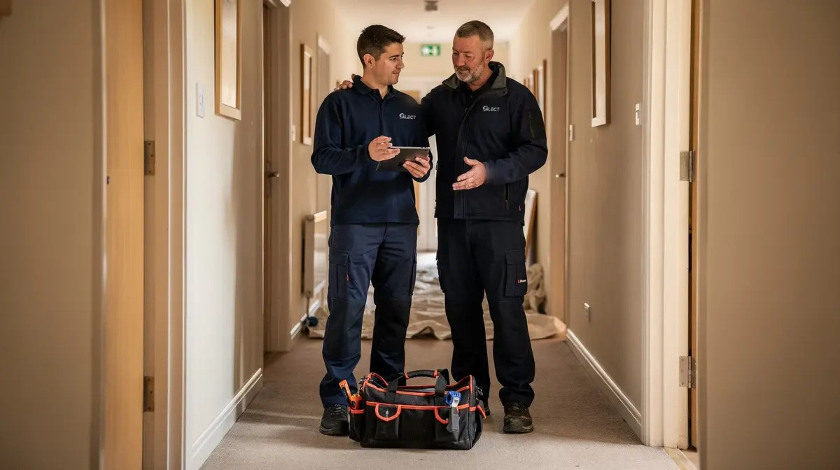 Two engineers reviewing a job on a tablet in a communal hallway
