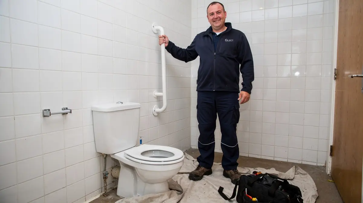 Alect engineer testing a vertical grab rail fixed to the wall beside a toilet