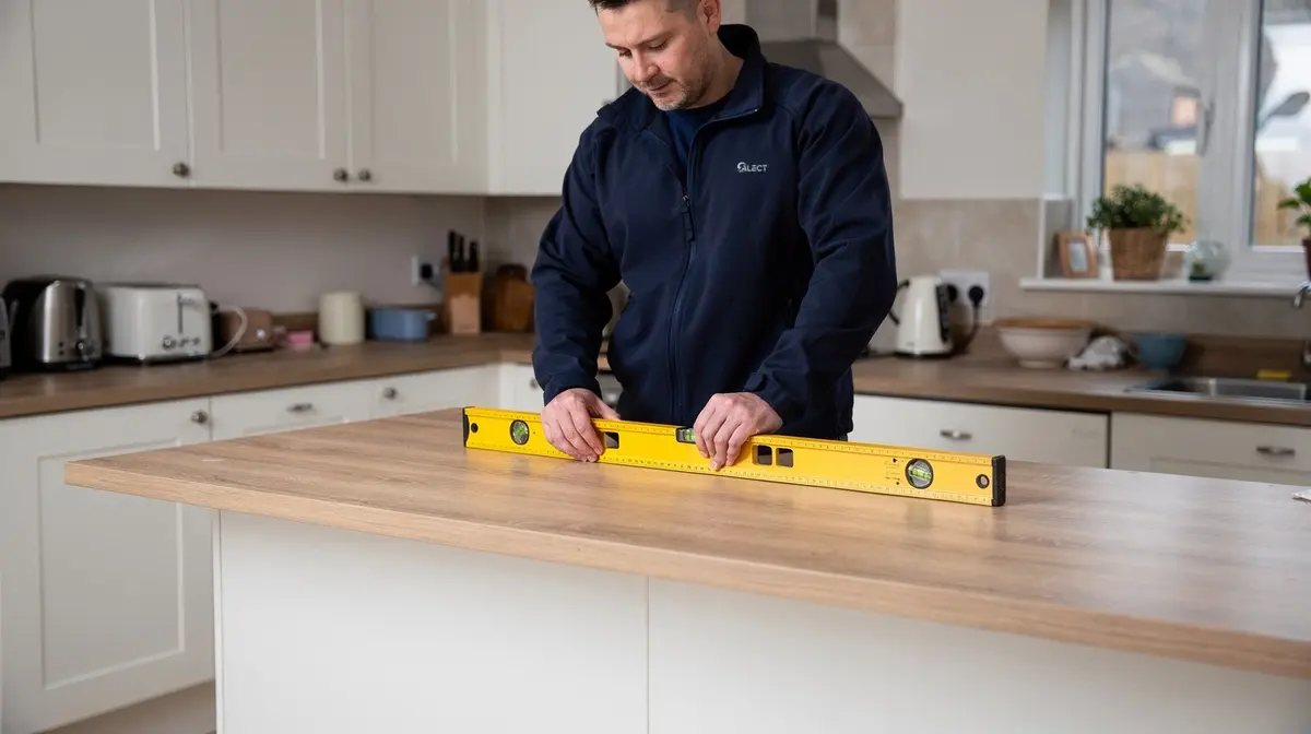 Kitchen fitter checking a new worktop with a spirit level