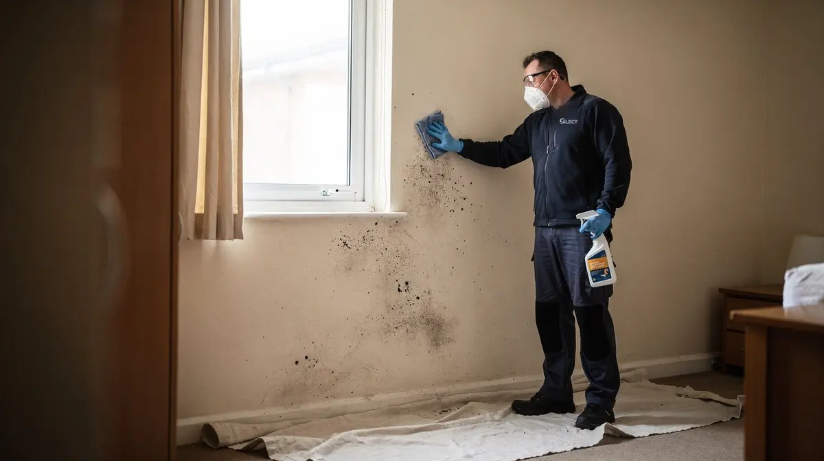 Tradesperson in gloves and mask wiping mould from a bedroom wall