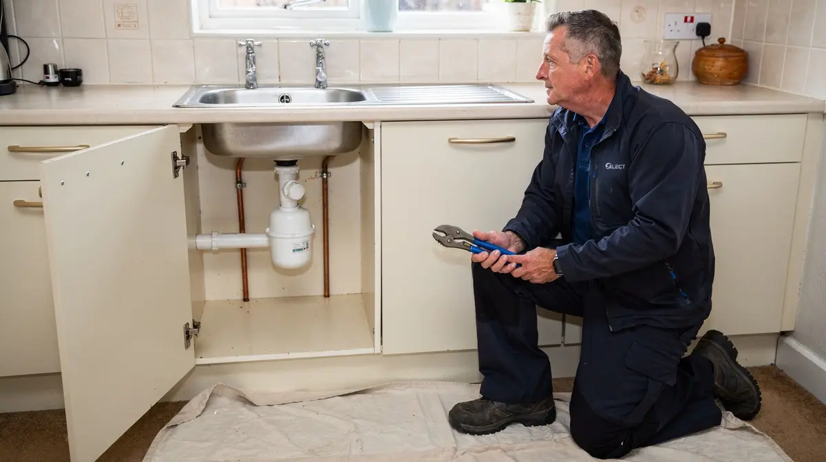 Alect engineer kneeling beside an open kitchen sink cupboard with water pump pliers, checking the waste trap