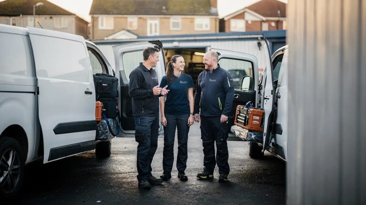 Three members of the team loading tools into vans at the start of the day