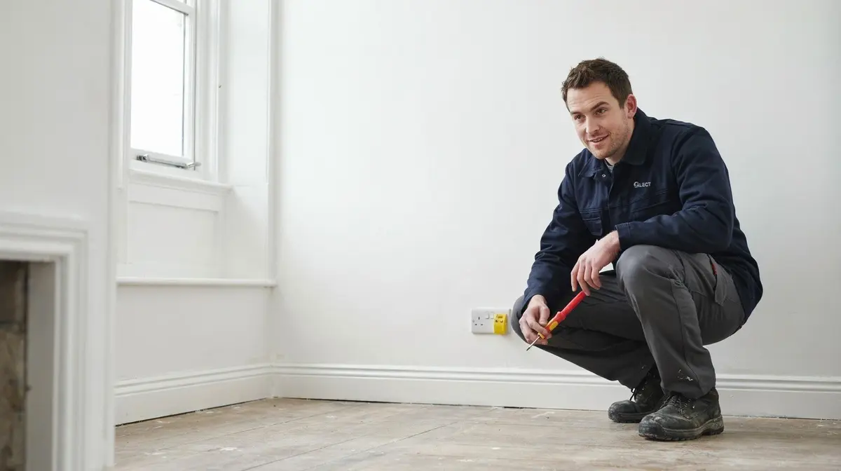 Electrician checking a newly fitted socket with a plug-in tester in an empty flat between tenancies