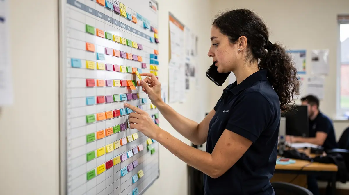 Scheduler planning the day’s repair jobs on the board