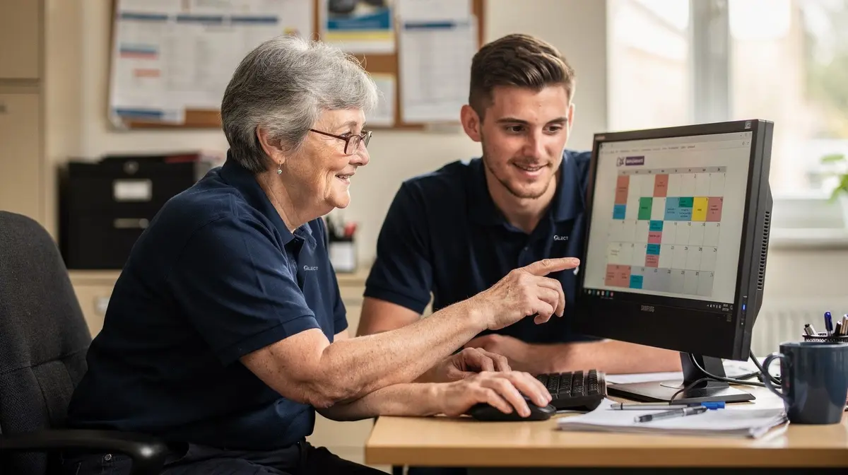 Office team checking the repairs calendar together